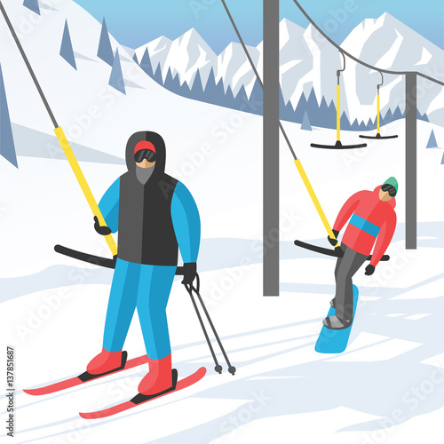 Snowboarder sitting in ski gondola and lift elevators winter sport resort snowboard people rest lifting jump vector illustration mountain
