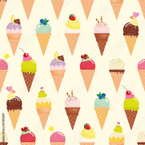 Ice cream cone seamless pattern background. Realistic. Bright and pastel colors. For print and web.