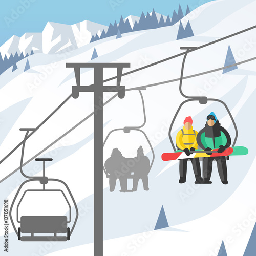 Snowboarder sitting in ski gondola and lift elevators winter sport resort snowboard people rest lifting jump vector illustration mountain