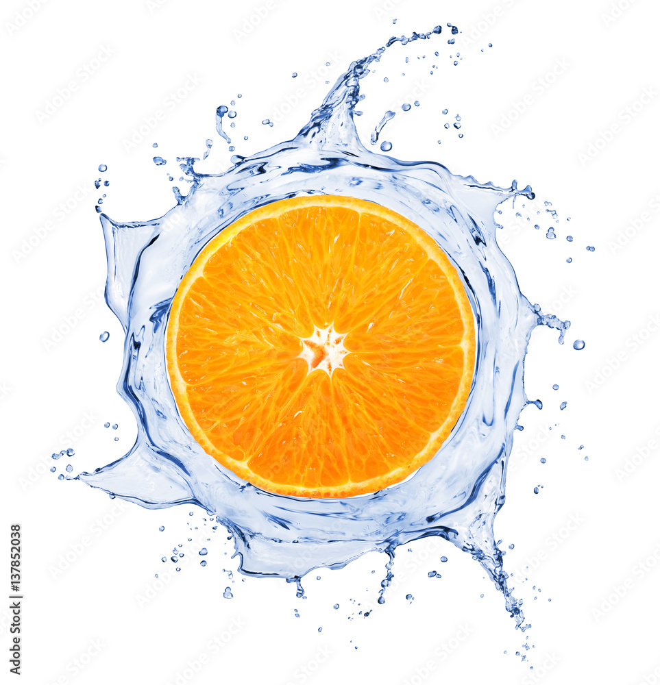 Orange is surrounded by a splash of water on white background Orange is surrounded by a splash of water on white background