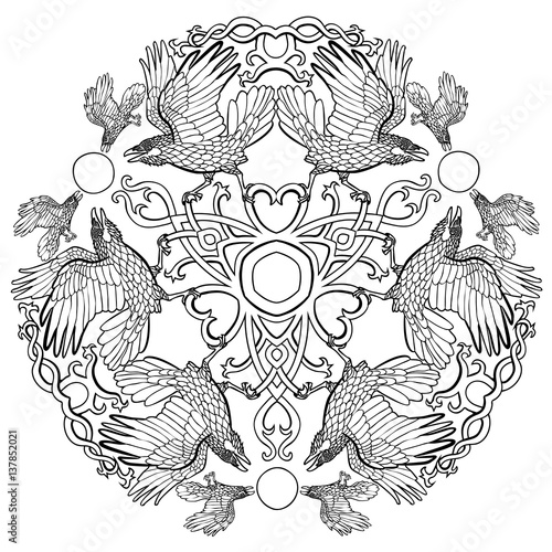 Vector illustration of Celtic ravens viking fantasy ornament black and white 