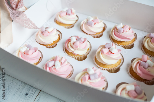 Pink cupcakes in a box