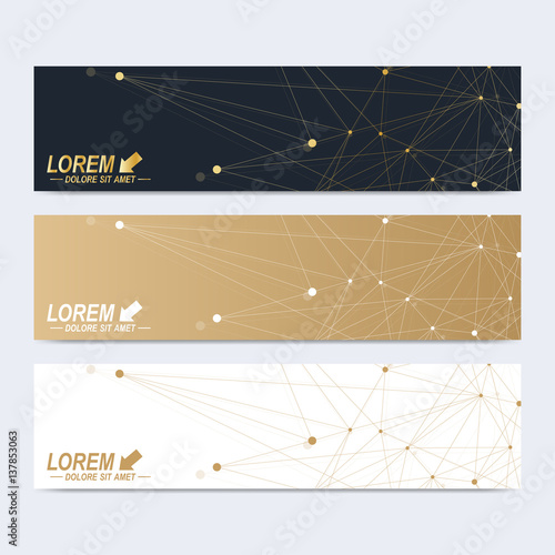 Modern set of vector banners. Geometric abstract presentation. Molecule DNA and communication background for medicine, science, technology, chemistry. Cybernetic dots. Lines plexus.