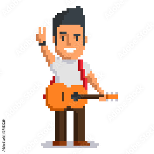 Musician isolated on white background. Music man pixel game style illustration. vector pixel art design. funny 8 bit people character icon. 