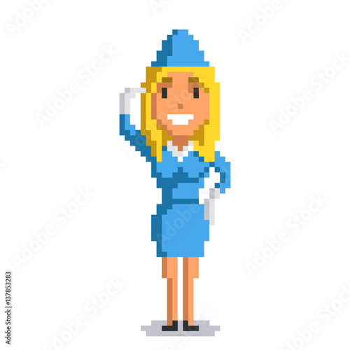 Stewardess isolated on white background. pixel game style illustration. vector pixel art design. funny 8 bit people character icon. 
