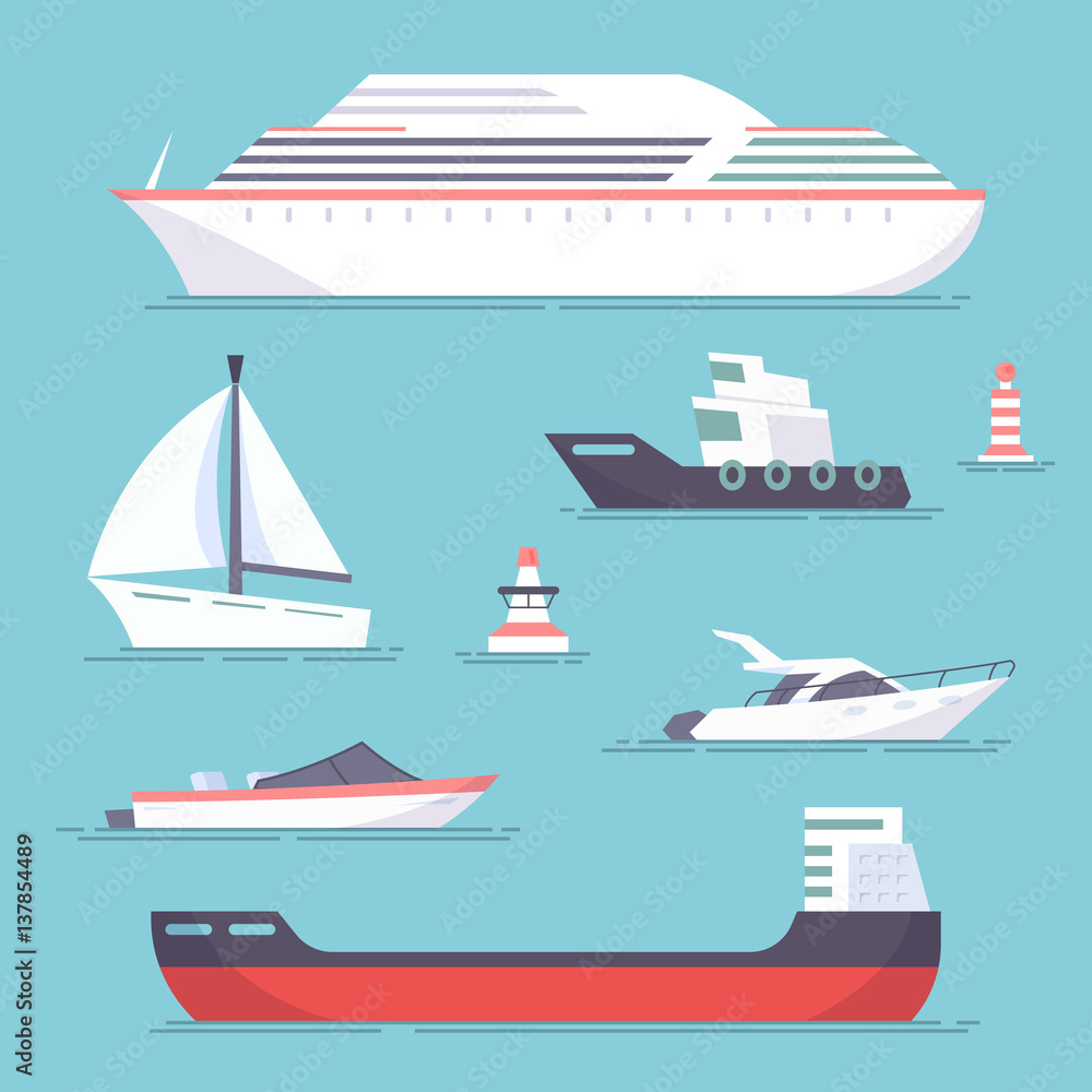 Set of marine ships, boats, yachts and sailing tanker. Marine buoy. Vector, illustration in flat style isolated on blue background EPS10. Set of marine ships, boats, yachts and sailing tanker. Marine buoy. Vector, illustration in flat style isolated on blue background EPS10.