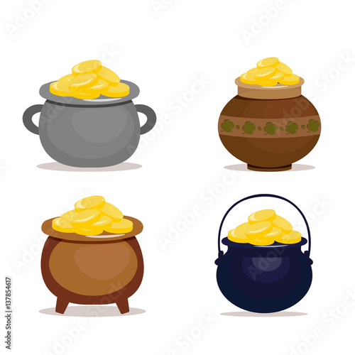 Set of ceramic pots full of gold coins for Patrick's day. Vector, illustration in flat style isolated on white background EPS10.
