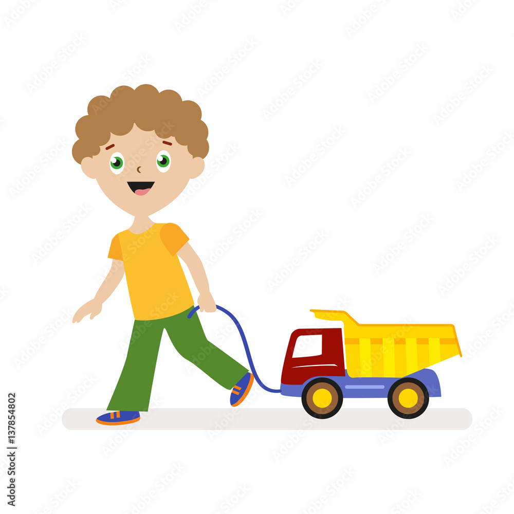 Boy with toy car on a string. Small child on a walk. Flat character isolated on white background. Vector, illustration EPS10. Boy with toy car on a string. Small child on a walk. Flat character isolated on white background. Vector, illustration EPS10.