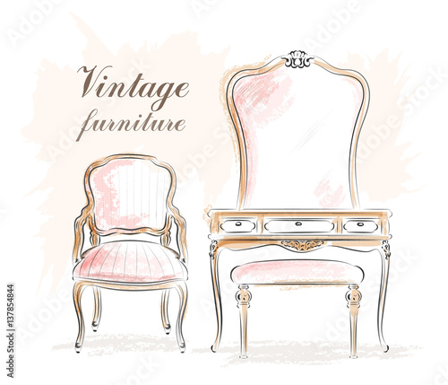 Stylish vintage furniture: dressing table with mirror and chairs. Sketch. Vector illustration.