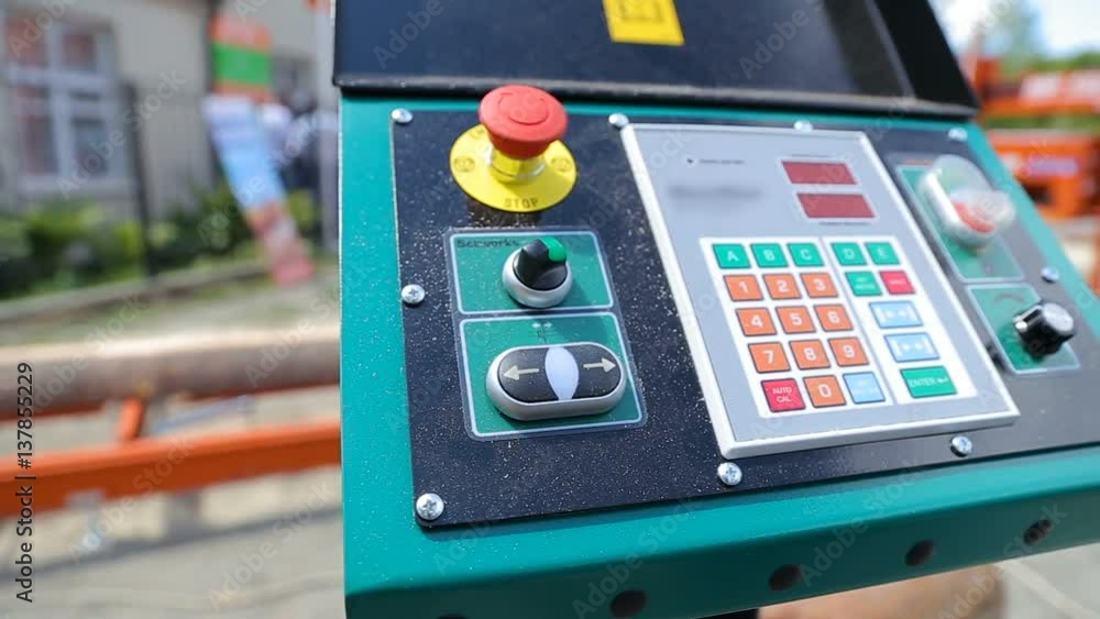 Close up view of control panel for sawmill machine. Modern sawmill euipment Close up view of control panel for sawmill machine. Modern sawmill euipment
