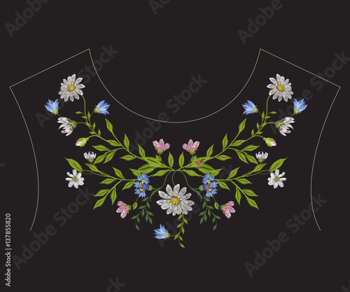 Embroidery ethnic neck line floral pattern with chamomiles and cornflowers. Vector symmetric traditional folk flowers ornament on black background for design.