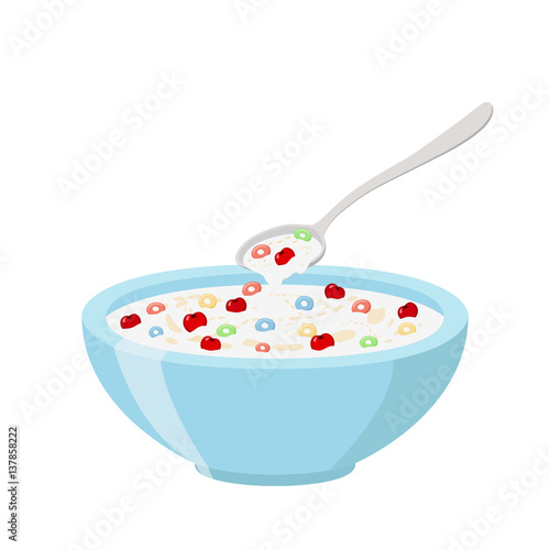 Cereal rings, cherry, spoon and bowl. Oatmeal breakfast with milk