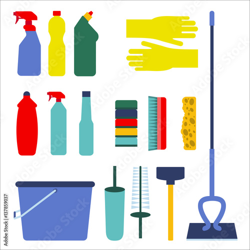 Housework icon set Set of icons for the housework on white background Tools for house cleaning Flat design