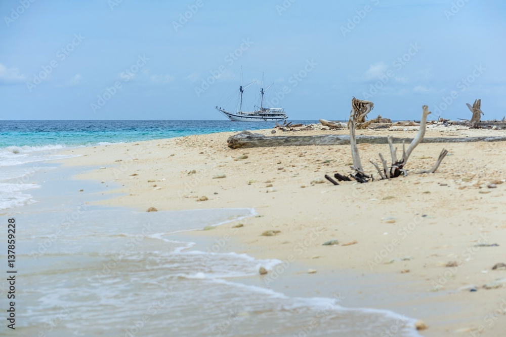 Secluded Beach and Phinisi Schooner Sailboat. On Mios Island, in the Raja Ampat area of eastern Indonesia with a traditional phinisi schooner in the background. West Papua, Indonesia. Secluded Beach and Phinisi Schooner Sailboat. On Mios Island, in the Raja Ampat area of eastern Indonesia with a traditional phinisi schooner in the background. West Papua, Indonesia.