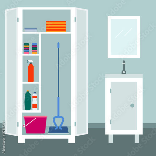 Tools for housework Vector illustration Tools for housework in the white cupboard in the bathroom Flat design