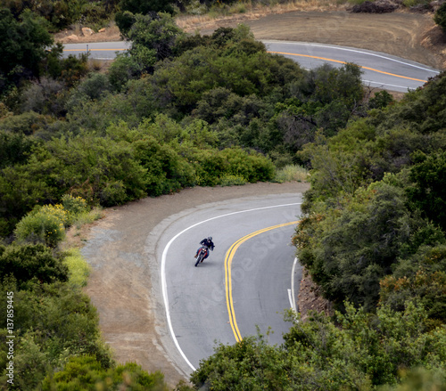 Motorcycle on curvy Mulholland highway in Southern California