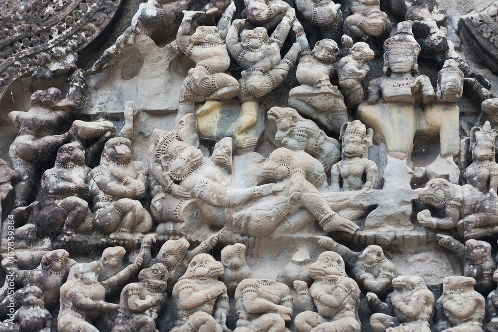 Monkey sculptures at the Angkor Wat temple in Cambodia 