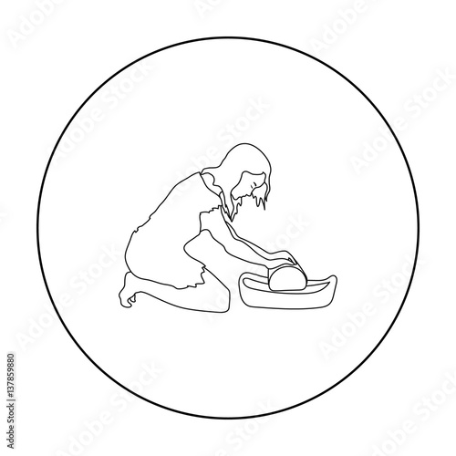 Cavewoman with grindstone icon in outline style isolated on white background. Stone age symbol stock vector illustration.