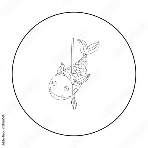 Fish on the spear icon in outline style isolated on white background. Stone age symbol stock vector illustration. photo