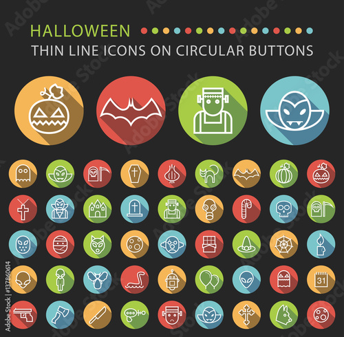 Set of 45 Elegant Universal White Halloween Minimalistic Thin Line Icons on Circular Colored Buttons on Black Background