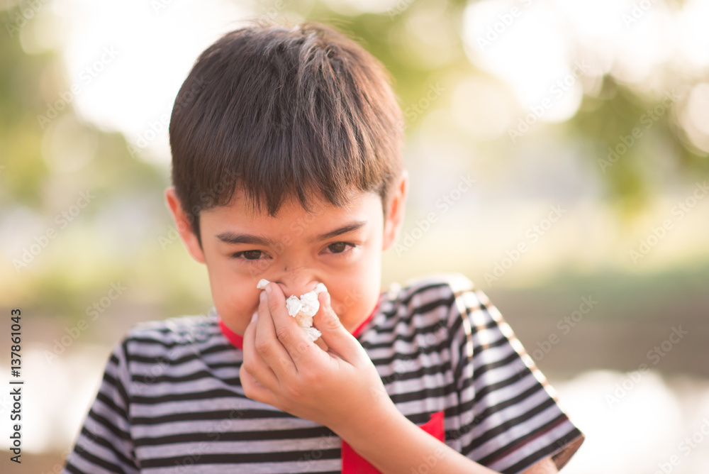Little boy using tissue from allergy infection in the park Little boy using tissue from allergy infection in the park