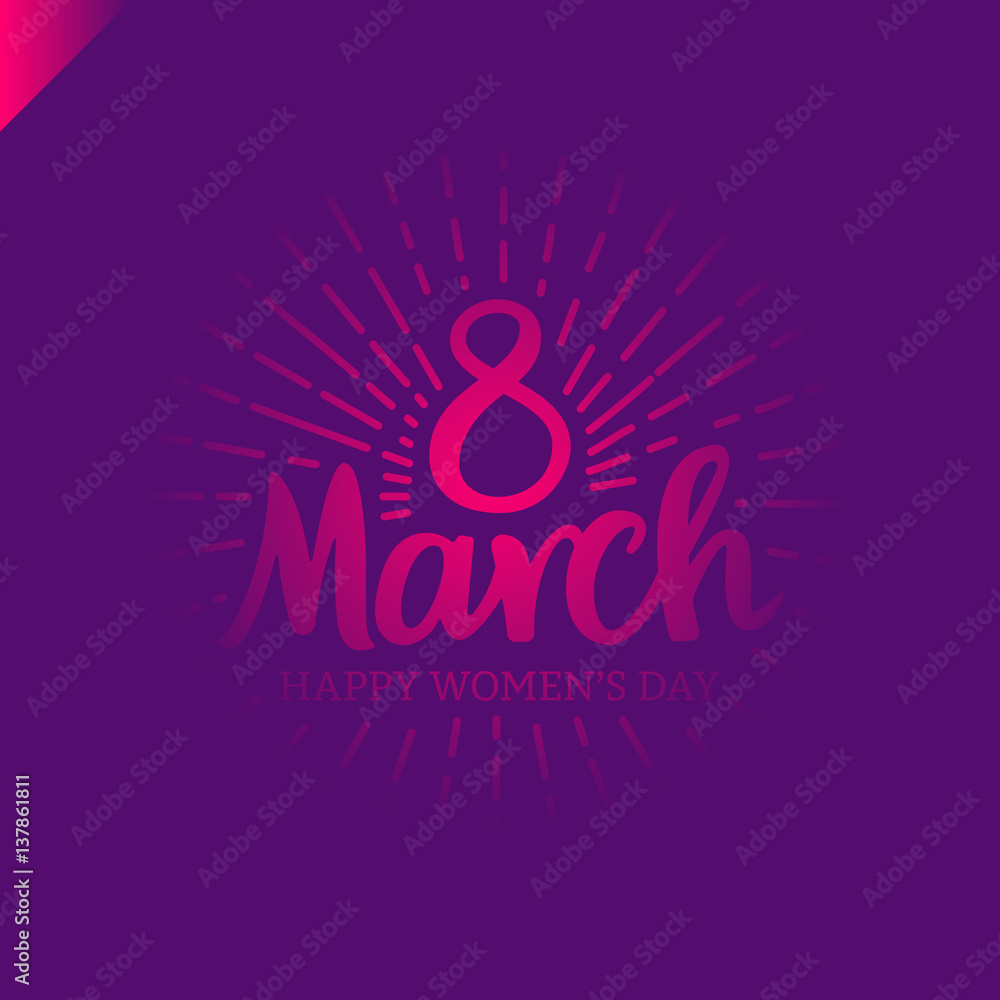 8 march Women's Day lettering with sun line in circle. Template greeting vintage card or poster.