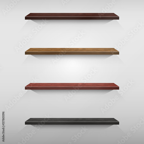 Vector collection of realistic wooden shelves on the white background.