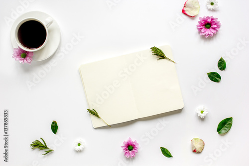 Flat lay with coffee and copybook top view mock up