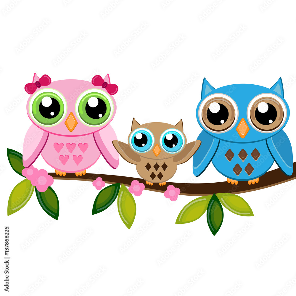 Fototapeta premium two owls with baby on a branch