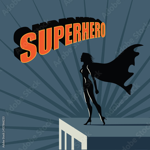 Female Super hero atop a skyscraper background. Standing strong  in a cityscape. With dimensional type and space for your copy. EPS 10 vector.