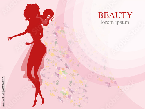 vector illustration with a silhouette of a beautiful woman on a floral background