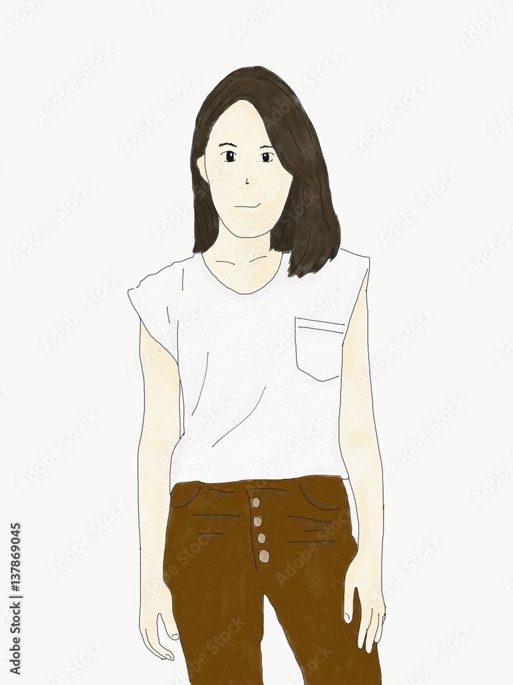 Abstract hand draw doodle woman stand and smile face isolated on paper canvas, illustration, watercolor paint style, digital art, cartoon style Abstract hand draw doodle woman stand and smile face isolated on paper canvas, illustration, watercolor paint style, digital art, cartoon style