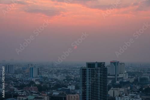 cityscape of bangkok, Thailand with Pastel color pink and purple sky with sunset © Thanaphum