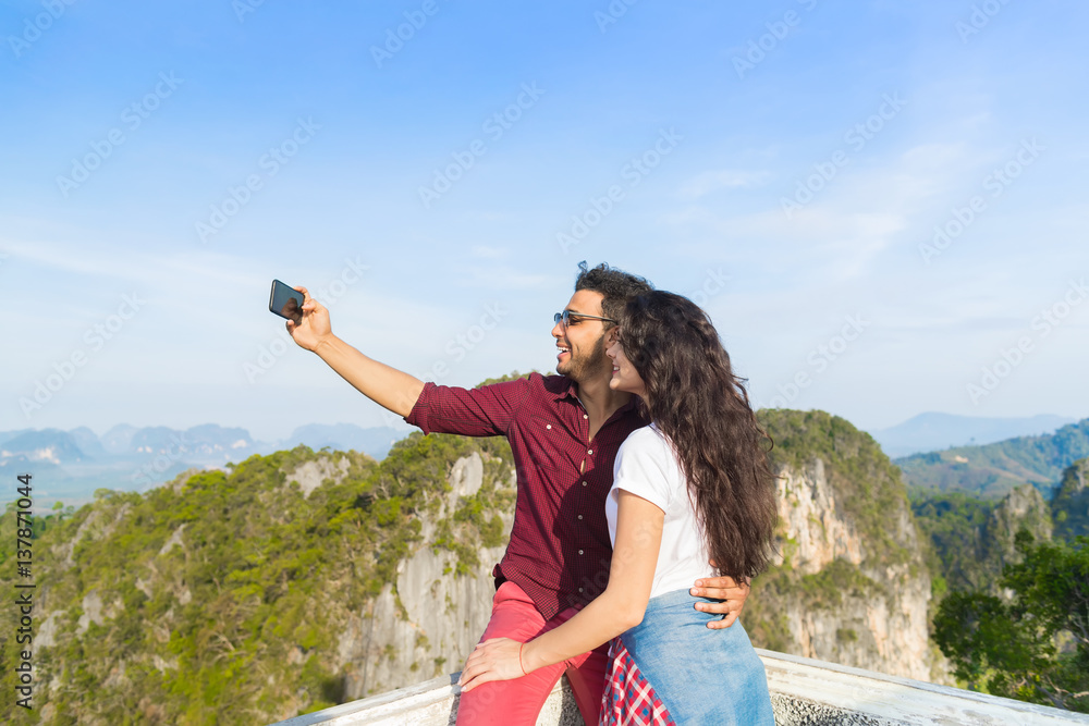 Young Couple Mountain View Point Happy Smiling Man And Woman Taking Selfie Photo On Cell Smart Phone Asian Holiday Summer Vacation Travel