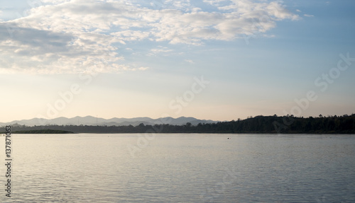 View of Mekong River with mountains at Chiang Khan District, Loei Province, northeastern Thailand