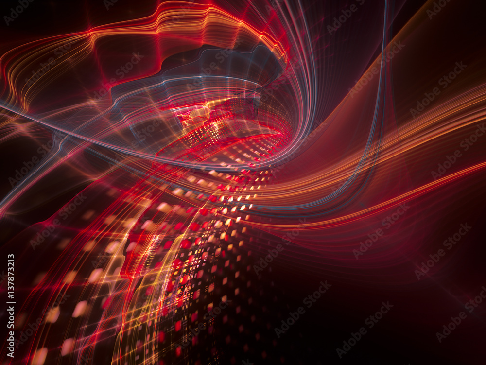 Obraz premium Abstract background element. Three-dimensional composition of wave shapes, grids and particles. Science and technology concept. Red and black colors.