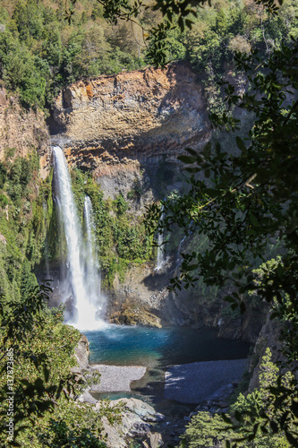 Waterfall Velo de la Novia (Bride's Veil) in Radal Siete Tazas National Park in Maule, Chile.