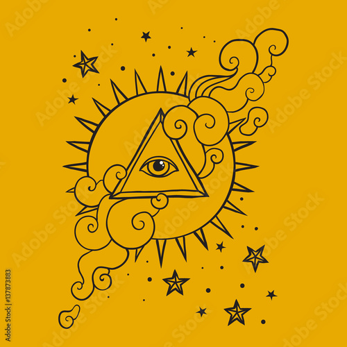 Eye in pyramid with sun and stars
