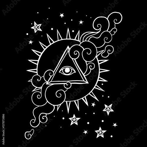 Eye in pyramid with sun and stars