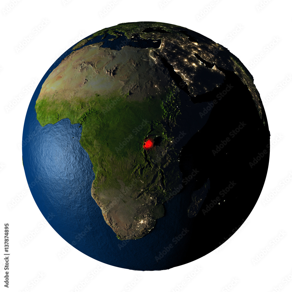 Fototapeta premium Rwanda in red on Earth isolated on white