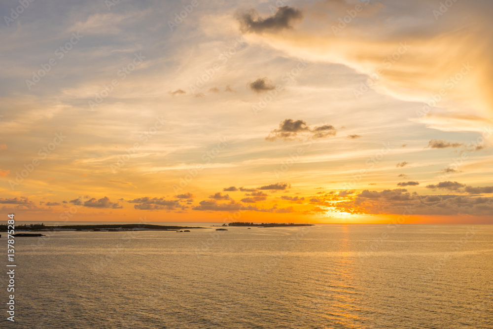 Amazing view of sunset over Atlantic ocean near Bahamas island