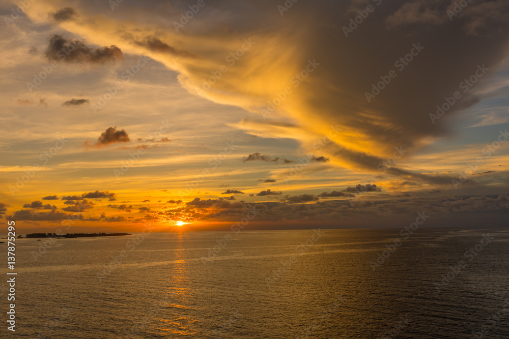 Amazing view of sunset over Atlantic ocean near Bahamas island