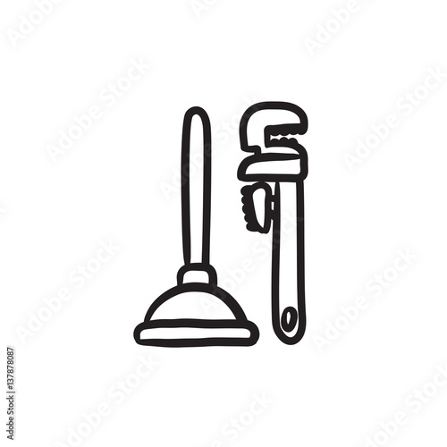 Pipe wrenches and plunger sketch icon.