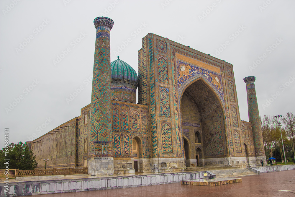 Tashkent, Uzbekistan - March 17, 2016: Sher Dor madrasah on Registan square