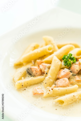 Penne carbonara pasta with salmon