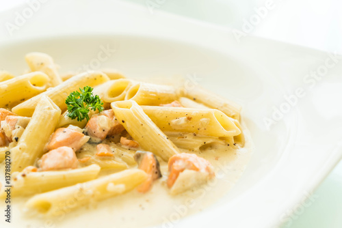 Penne carbonara pasta with salmon