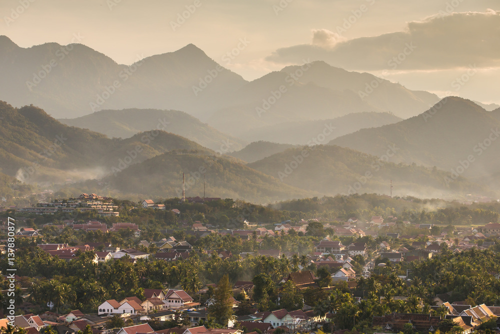 Top view of Luang Prabang from Phousi Mountain during sunset.