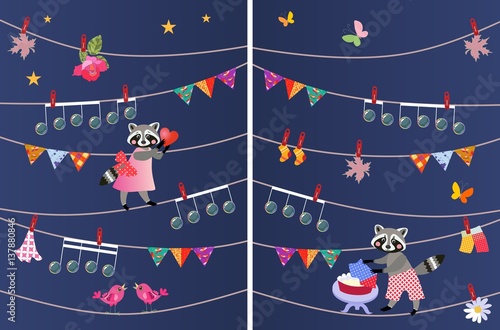 Romantic greeting card with cute cartoon raccoons. Vector illustration. Valentines day. Design elements.