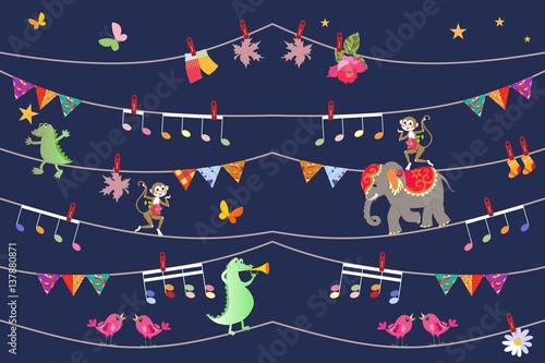 Illustration for children with cute cartoon animals - acrobats. Cheerful elephant, crocodiles, monkeys and butterfly. Design elements. Greeting card. Beautiful seamless pattern in indian style.