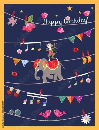 Greeting card Happy birthday with cute cartoon monkey, elephant, garland, musical notes, birds, flowers, maple leaves. Design elements. Vector illustration.